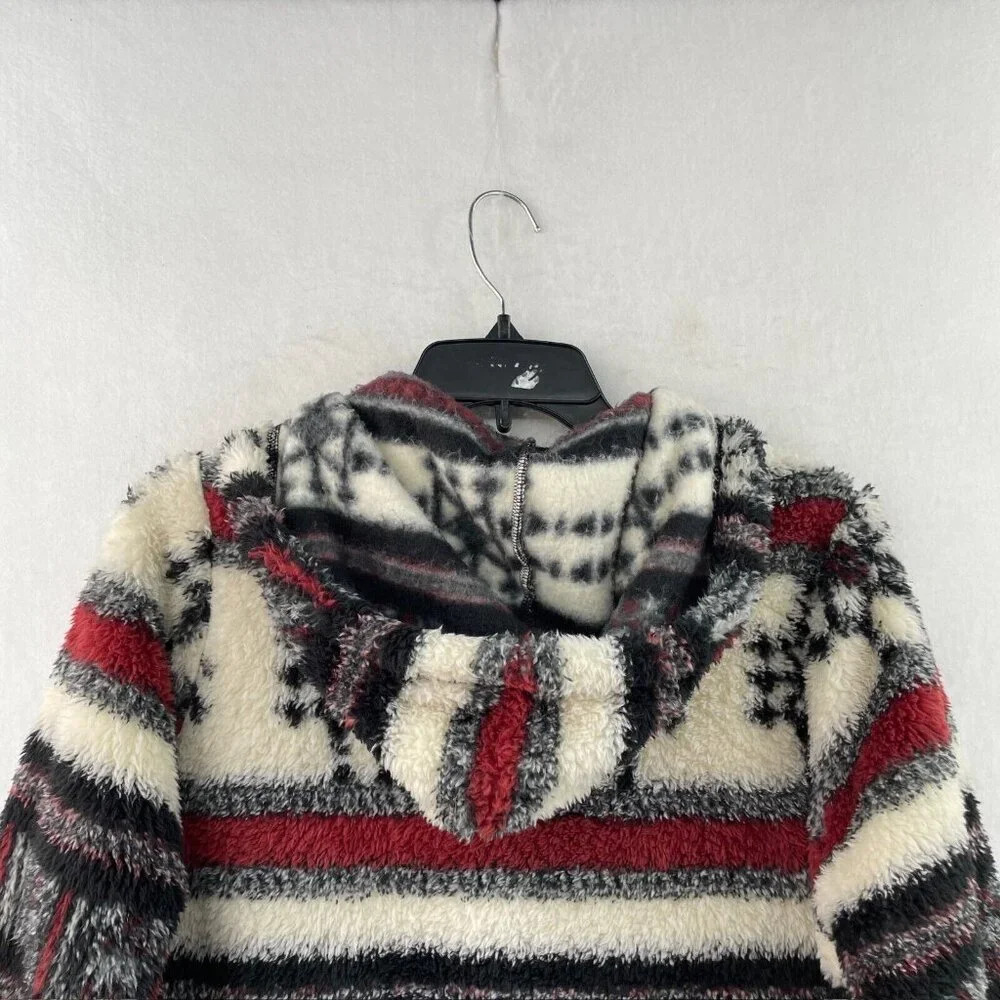 Billabong Fleece Jacket Women's S Red Ivory Aztec Tribal Print Hooded Pullover - Picture 9 of 13